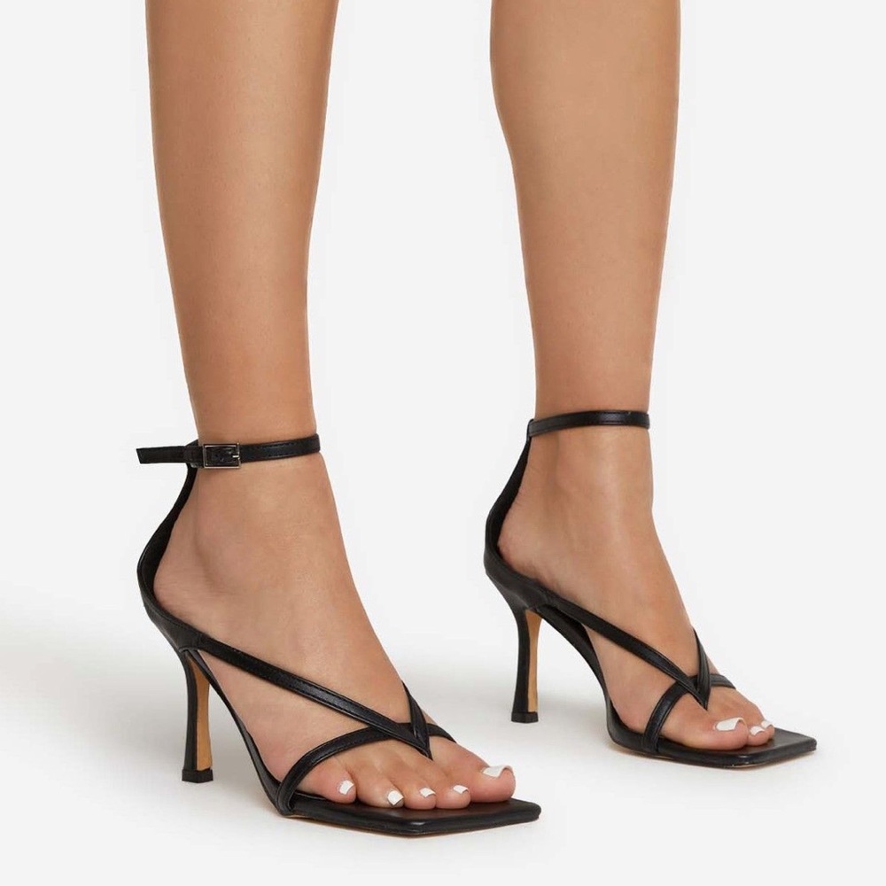 EVE SQUARE TOE STRAPPY HEEL IN BLACK FAUX LEATHER